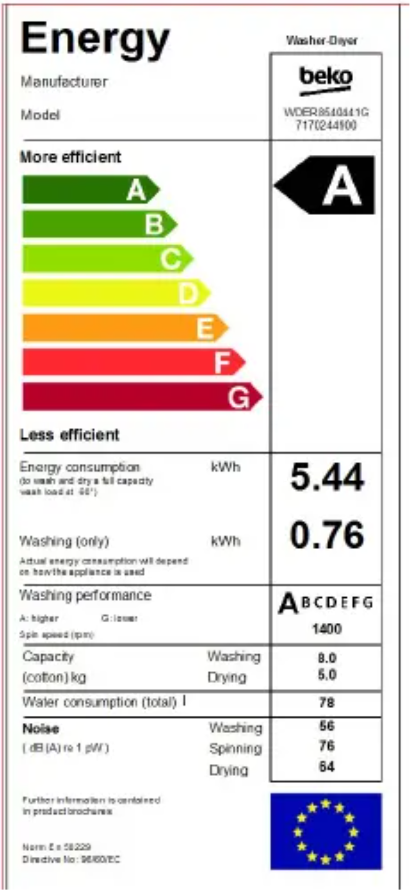 Page 1 de la notice Label énergétique Beko WDER8540441