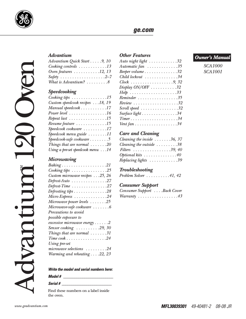 Page 1 de la notice Manuel d'utilisation et d'entretien GE SCA1000HCC