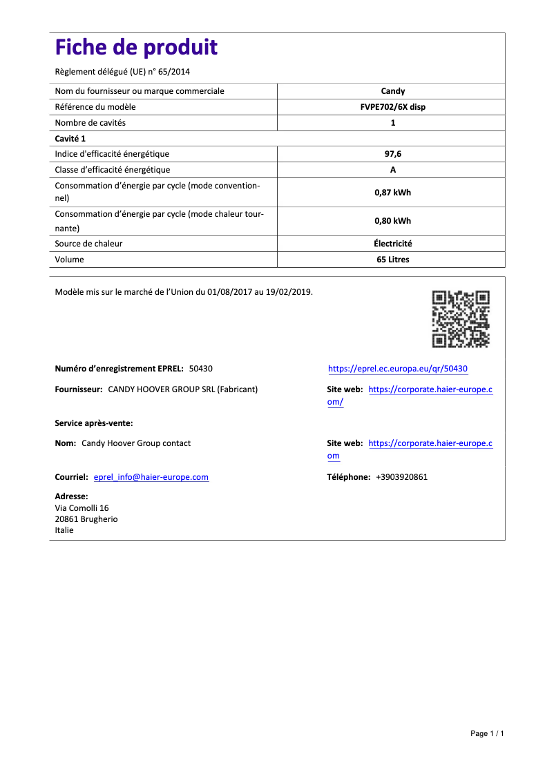 Page n°1 - Manuel utilisateur Candy FVPE702/6X DISP