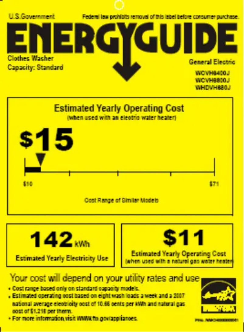 Page 1 de la notice Label énergétique GE WCVH6400JWW