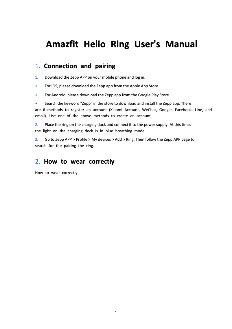 Page n°1 - Manuel utilisateur Amazfit Helio Ring