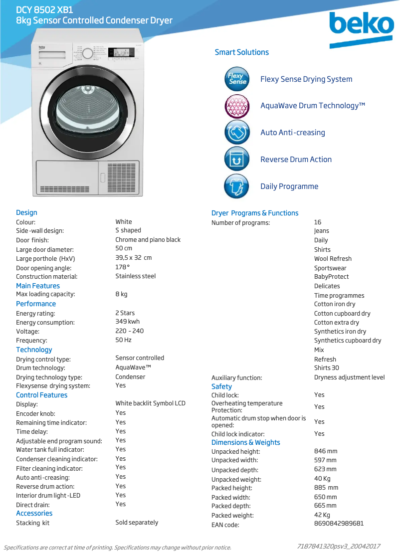 Page 1 de la notice Fiche technique Beko DCY 8502 XB1