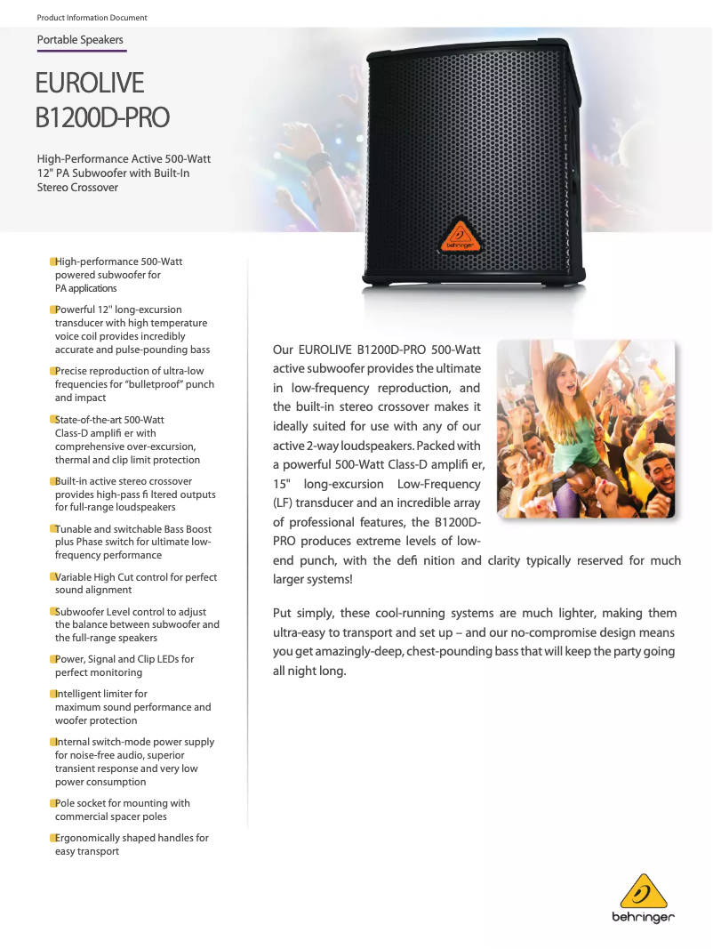 Page 1 de la notice Fiche technique Behringer B1200D-PRO