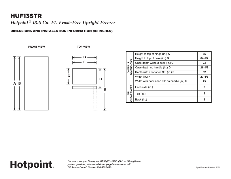 Page 1 de la notice Fiche technique Hotpoint HUF13STRWW