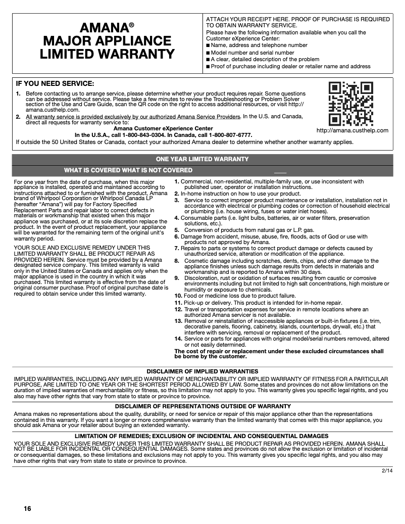Page 1 de la notice Mode d'emploi Amana ART106TFD
