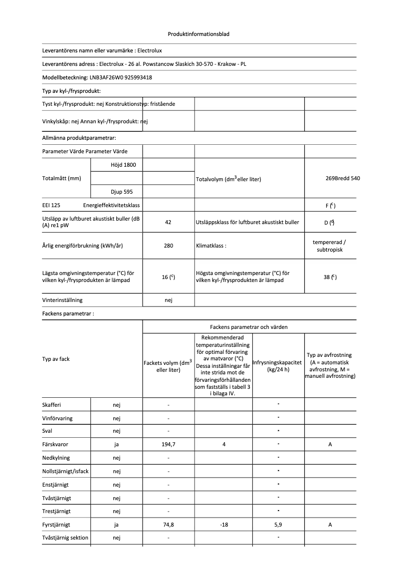 Page 1 de la notice Fiche technique Electrolux LNB3AF26W0