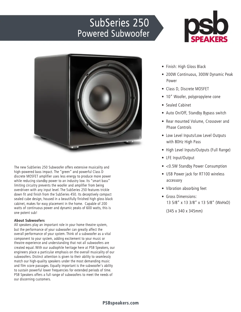 Page 1 of the manual Technical Sheet PSB SubSeries 250