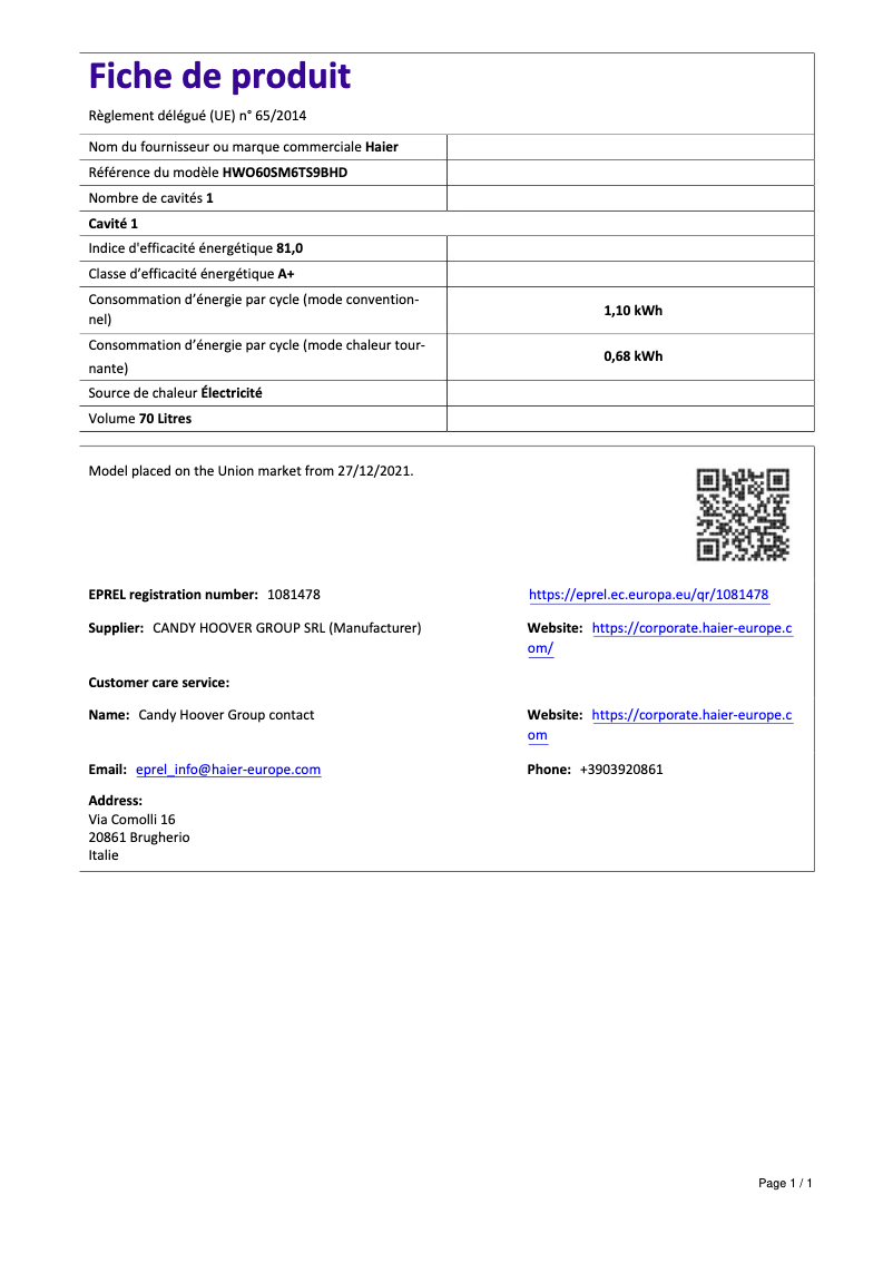 Page 1 de la notice Fiche technique Haier I-Touch Series 6 HWO60SM6TS9BHD