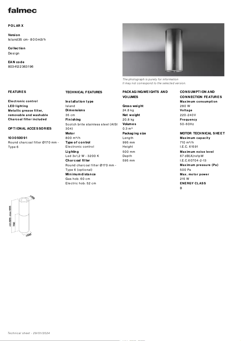 Page 1 de la notice Fiche technique Falmec Polar X