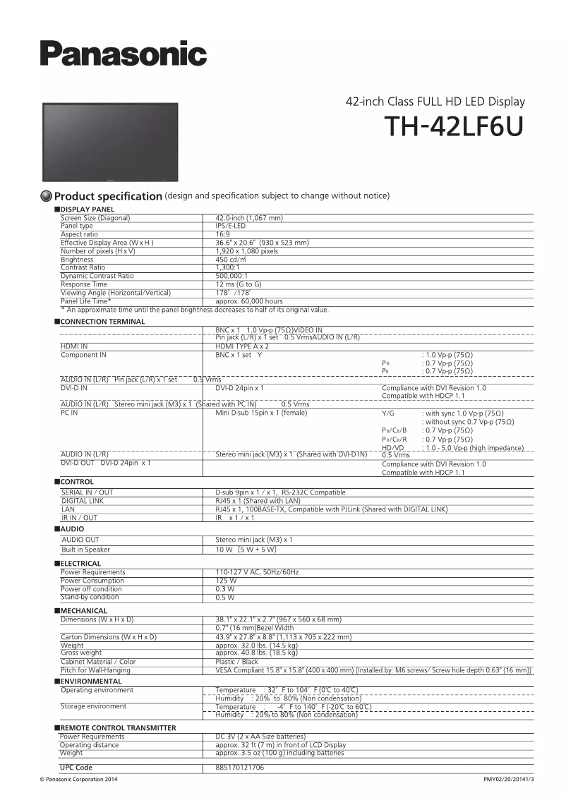 Page 1 de la notice Brochure Panasonic TH-42LF6W