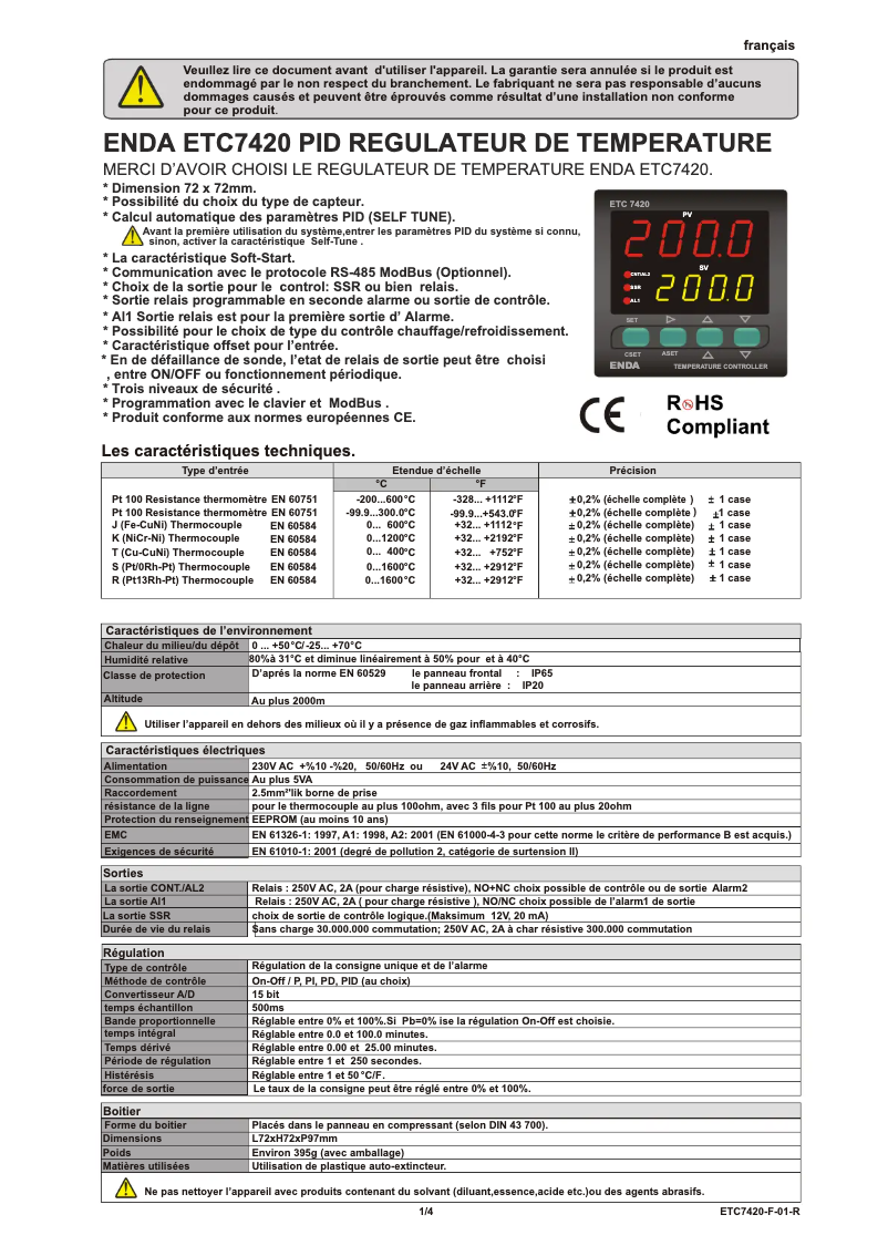 Page 1 de la notice Manuel utilisateur Enda ET7420