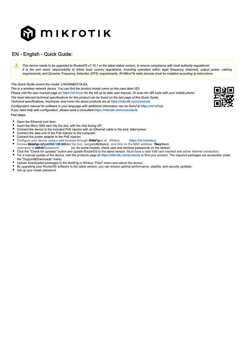 Page 1 de la notice Manuel utilisateur Mikrotik LHG LTE18 kit