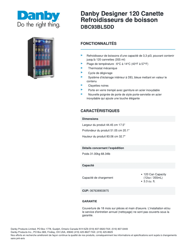Página 1 del manual Ficha técnica Danby DBC93BLSDD