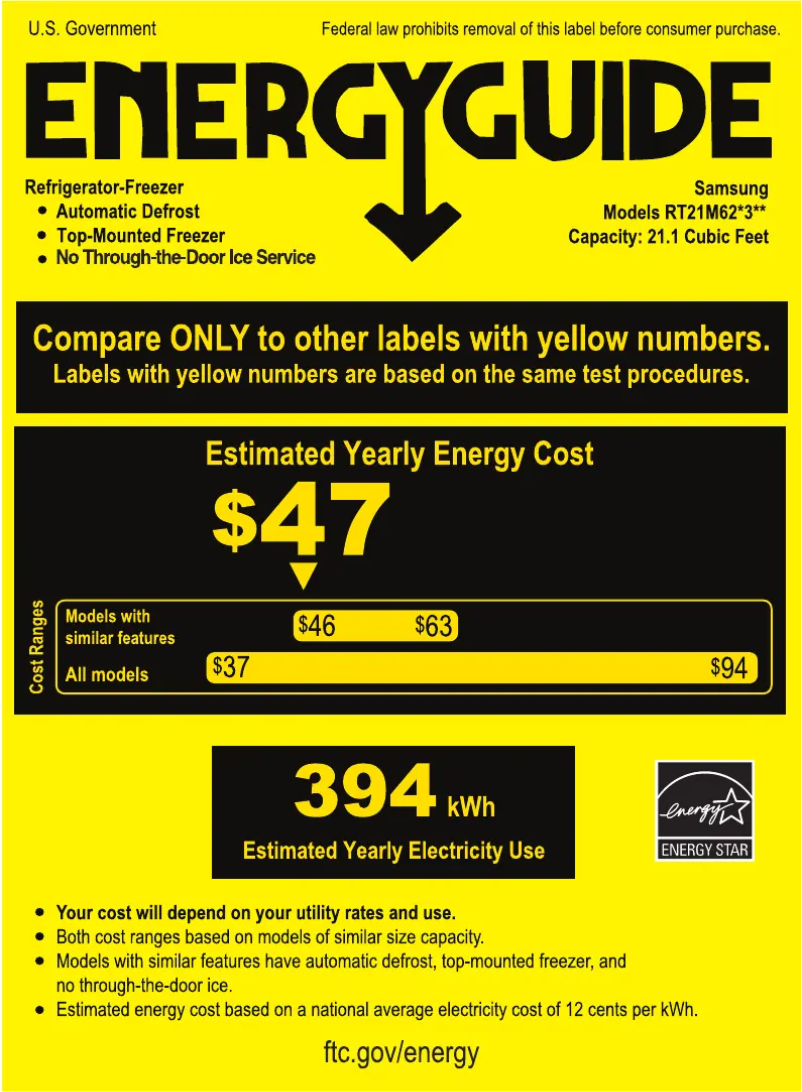 Page 1 de la notice Label énergétique Samsung RT21M6213WW/AA
