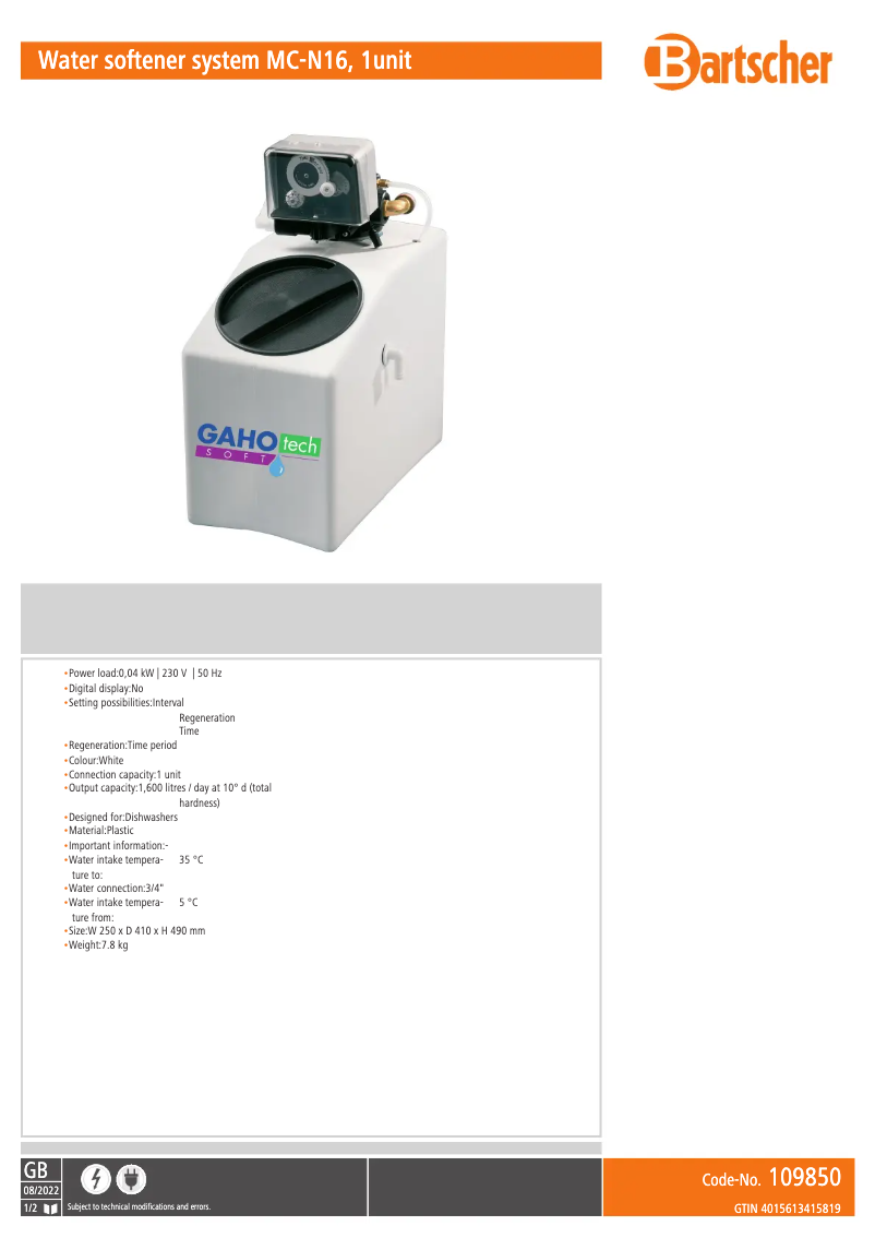 Page 1 of the manual Technical Sheet Bartscher 109850