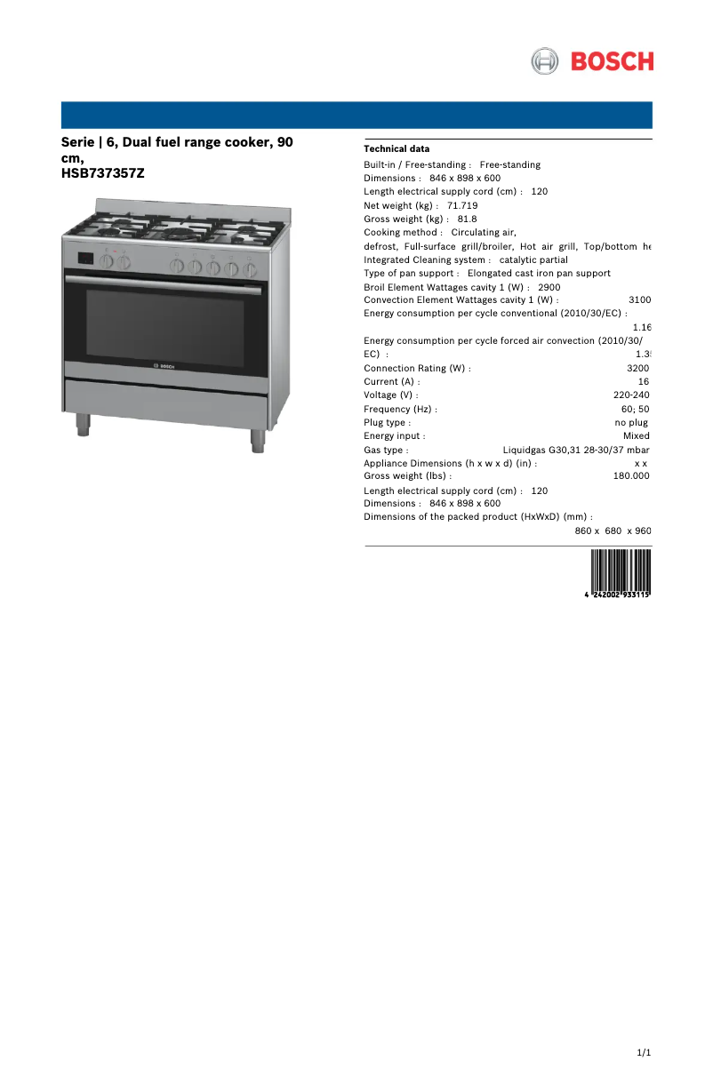 Page 1 of the manual Technical Sheet Bosch HSB737357Z