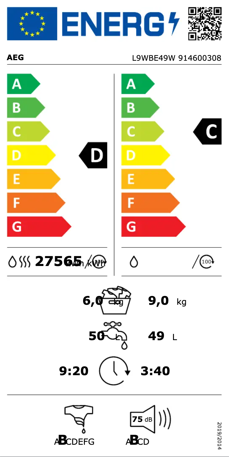 Página 1 del manual Etiqueta energética AEG L9WBE49W