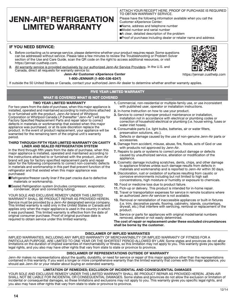 Page 1 de la notice Informations de garantie JennAir JUG24FLECX