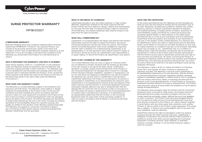 Page n°1 - Informations de garantie CyberPower MP18HO007