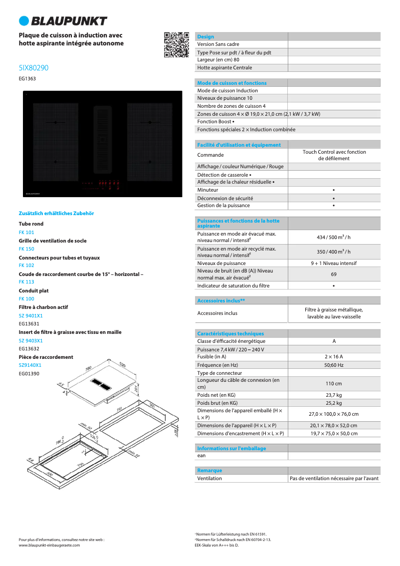Page 1 de la notice Fiche technique Blaupunkt 5IX80290