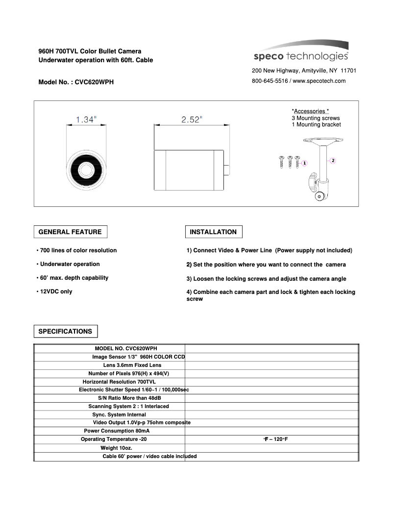 Page 1 de la notice Manuel utilisateur Speco Technologies CVC620WPH