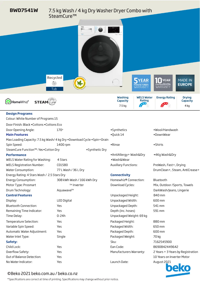 Image de la première page du manuel de l'appareil BWD7541W