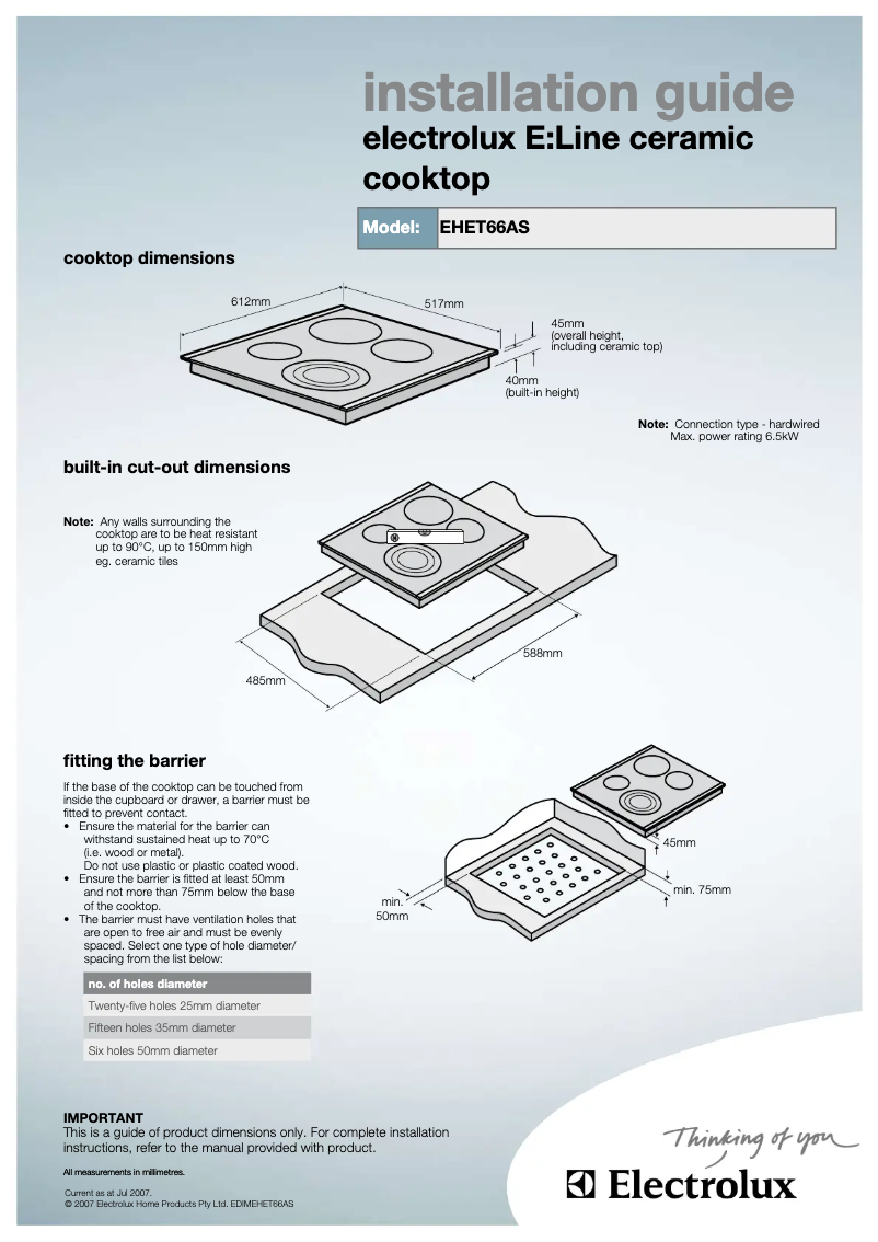 Page 1 de la notice Guide d'installation Electrolux EHET66AS