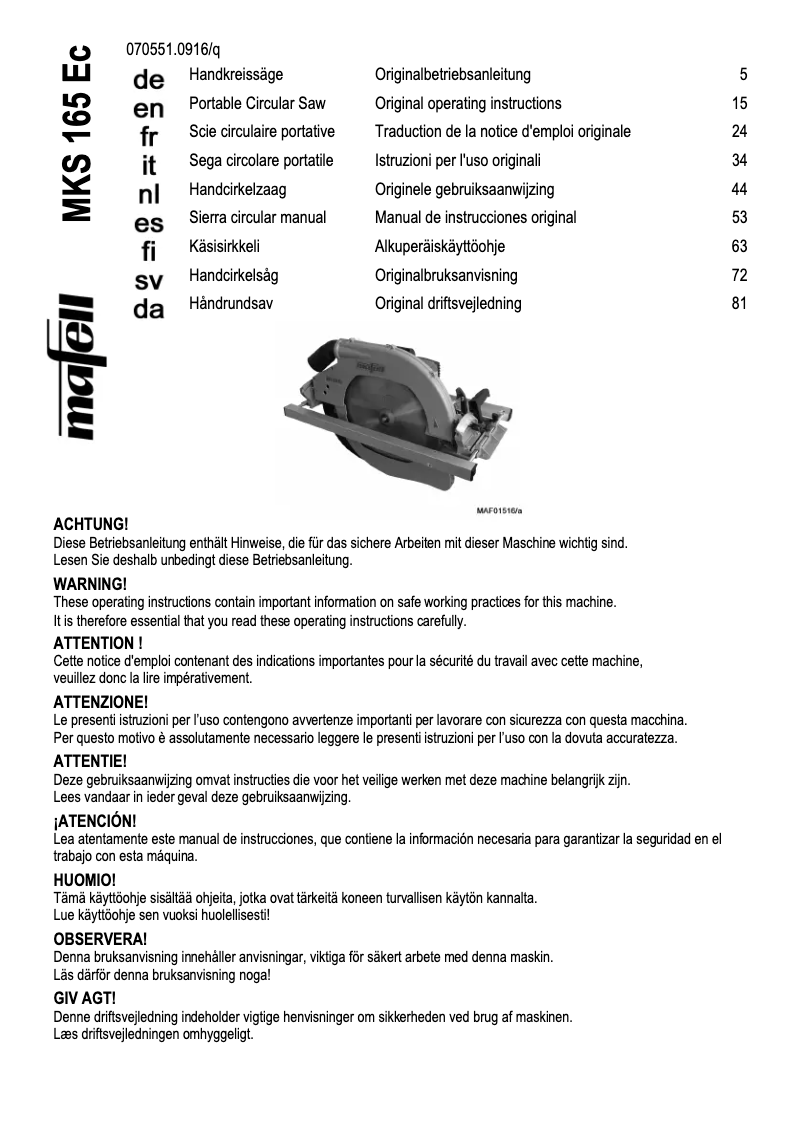 Image de la première page du manuel de l'appareil MKS 165 Ec