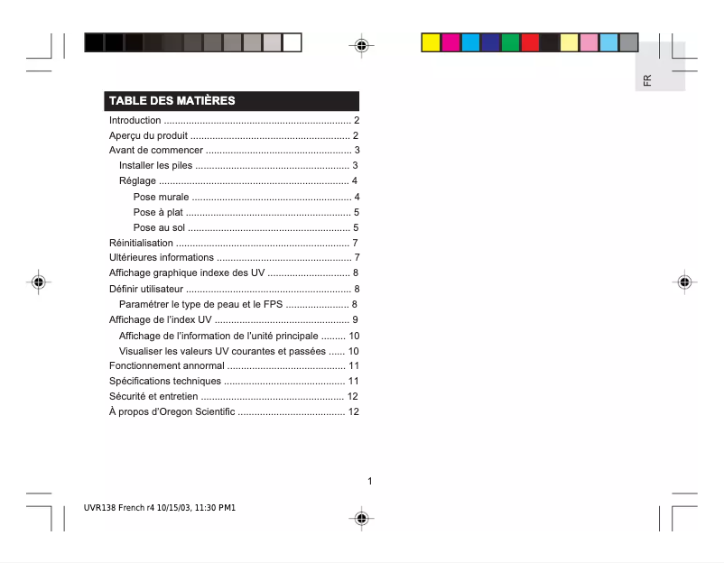 Page n°1 - Manuel utilisateur Oregon Scientific UVR138