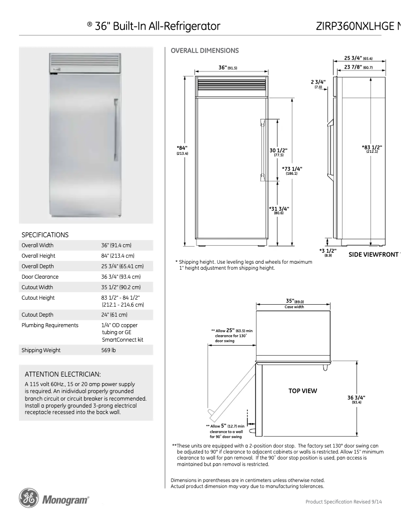 Page n°1 - Fiche technique GE ZIRP360NXLH
