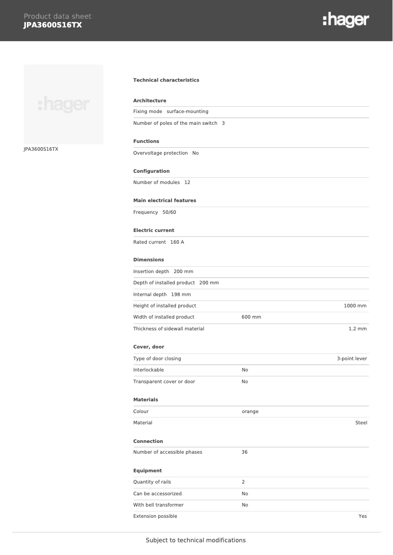 Page 1 de la notice Fiche technique Hager JPA3600S16TX