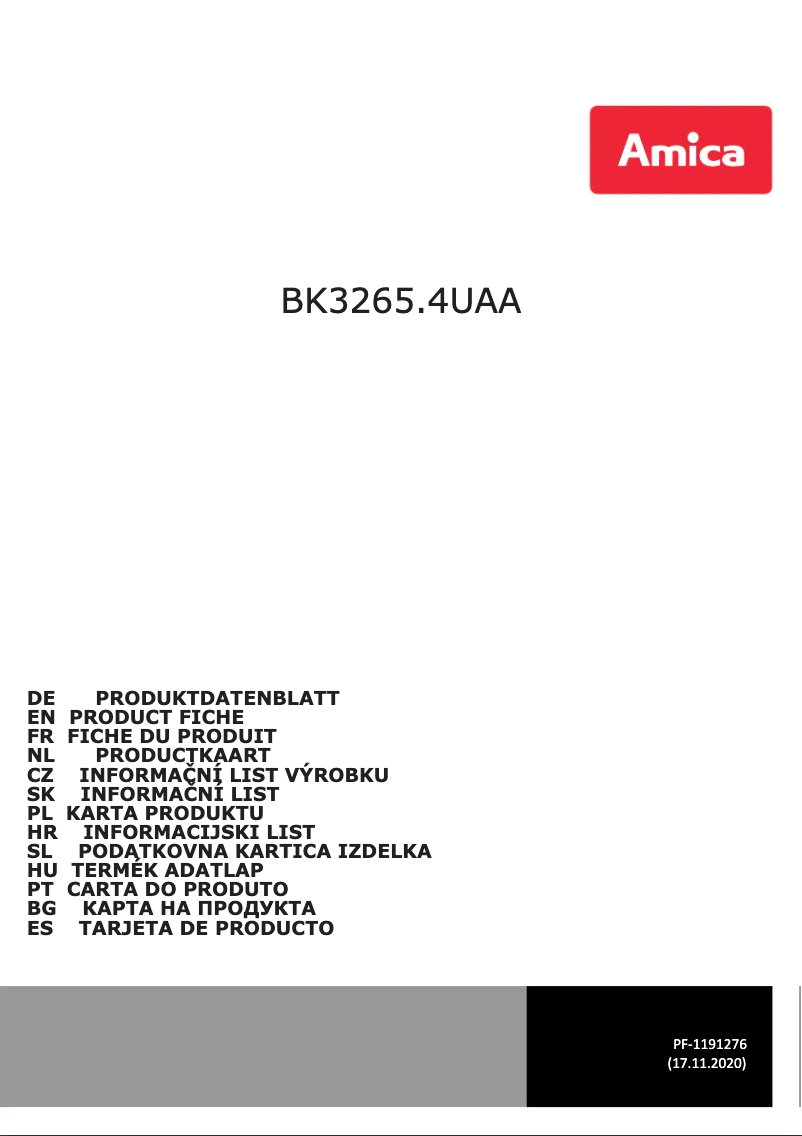 Page 1 de la notice Fiche technique Amica BK3265.4UAA