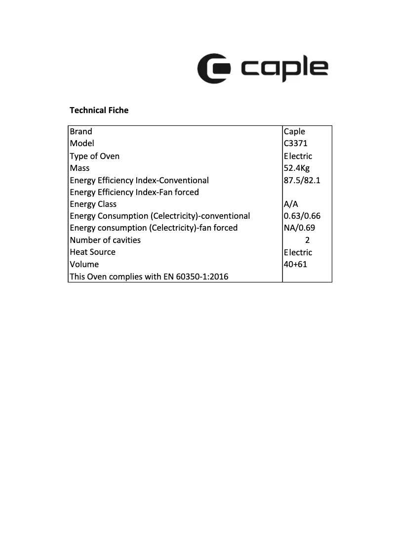 Page 1 de la notice Fiche technique Caple C3371BG