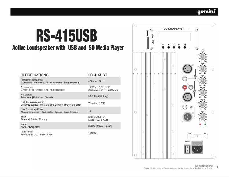 Page 1 de la notice Manuel utilisateur Gemini RS-415USB