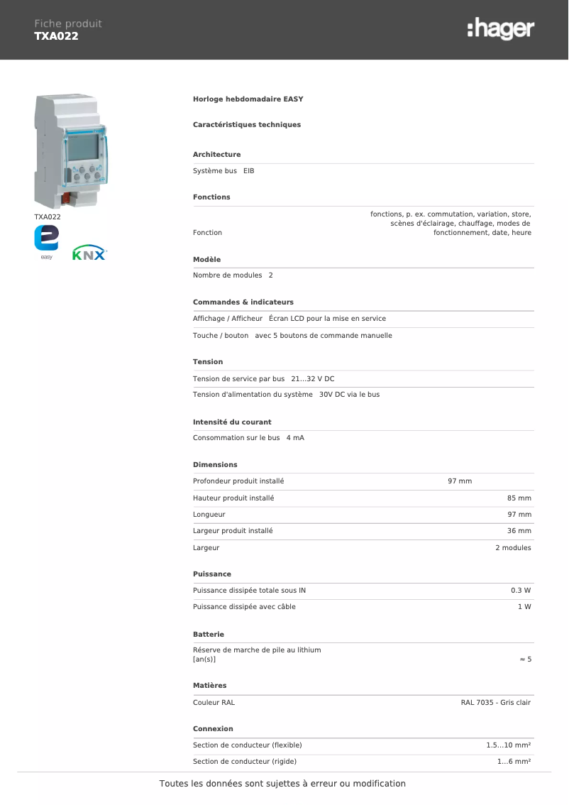 Page 1 de la notice Fiche technique Hager TXA022