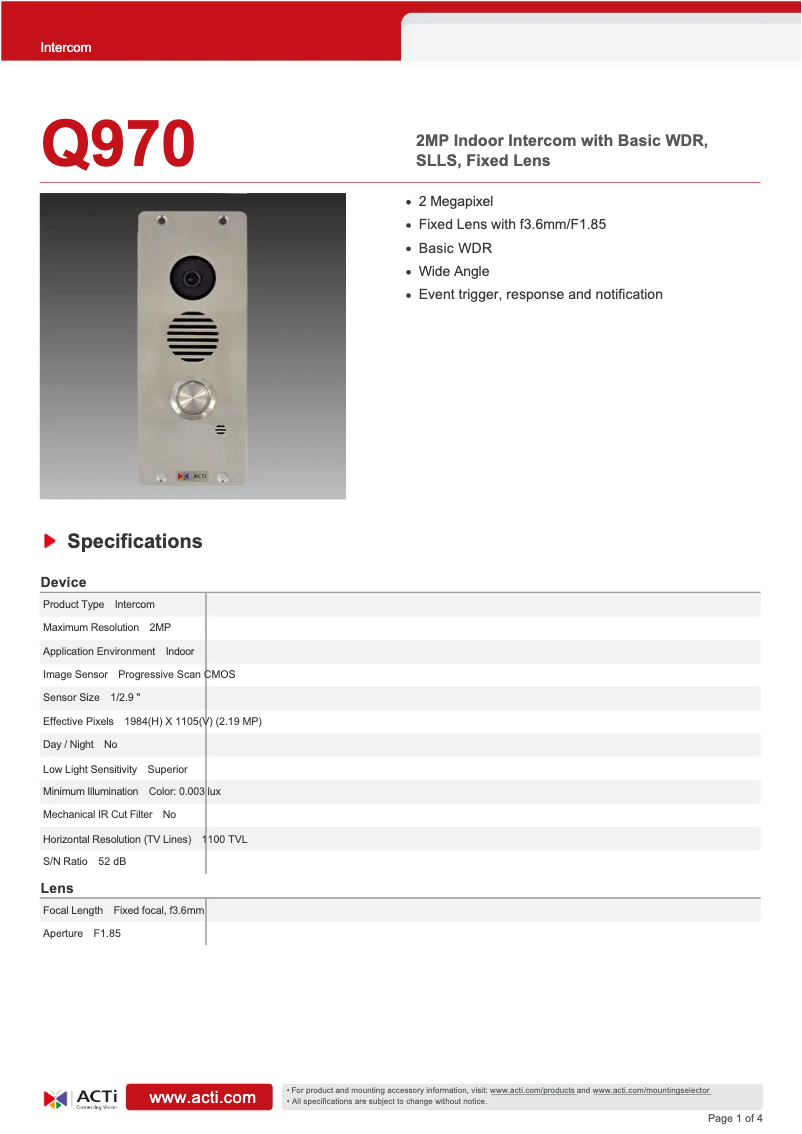 Page 1 de la notice Fiche technique ACTi Q970