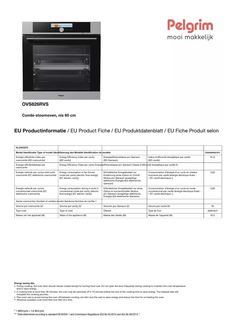 Page 1 de la notice Fiche technique Pelgrim OVS826RVS
