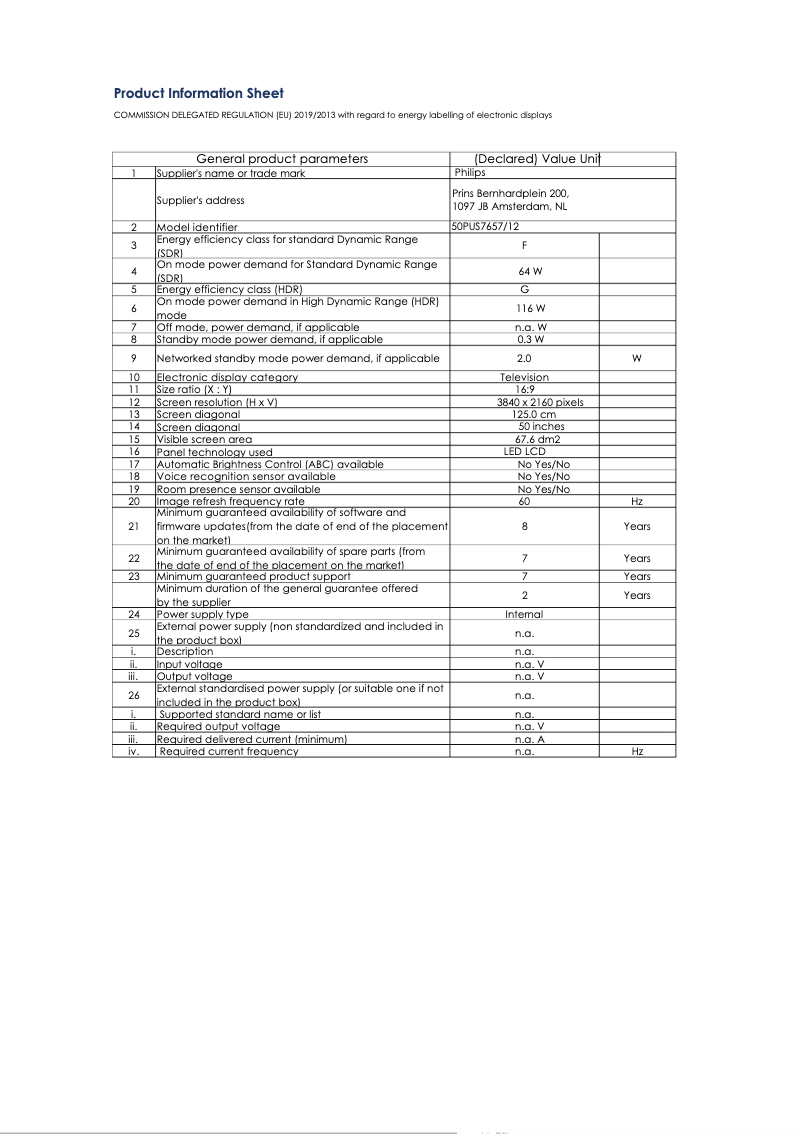 Page 1 de la notice Fiche technique Philips 50PUS7657
