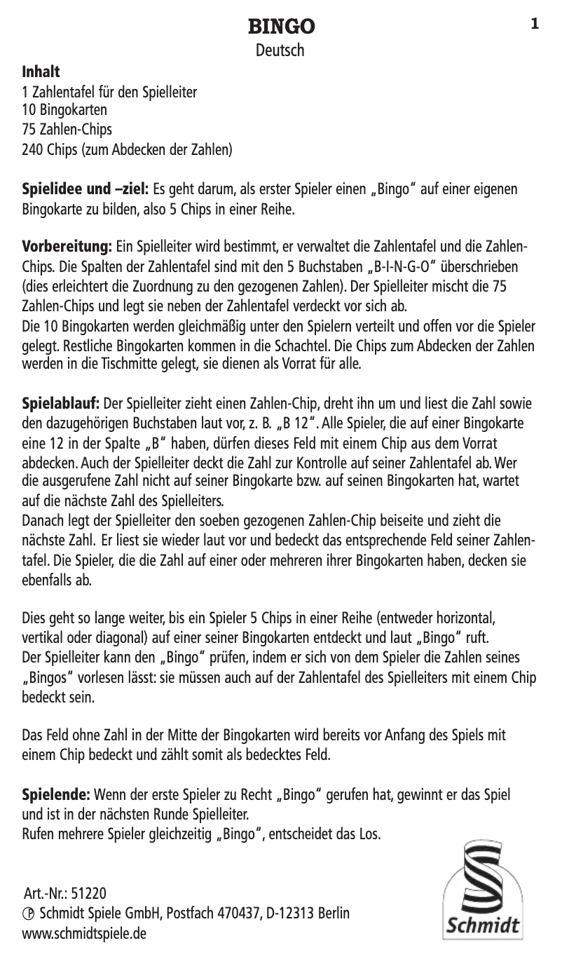 Page n°1 - Manuel utilisateur Schmidt Bingo