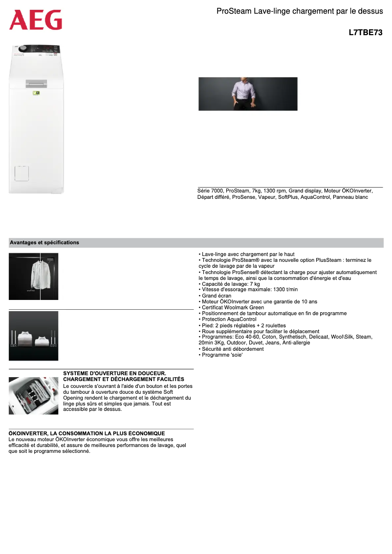 Page 1 de la notice Fiche technique AEG L7TBE73