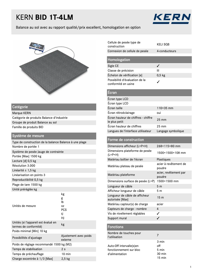Page n°1 - Fiche technique Kern BID 1T-4LM