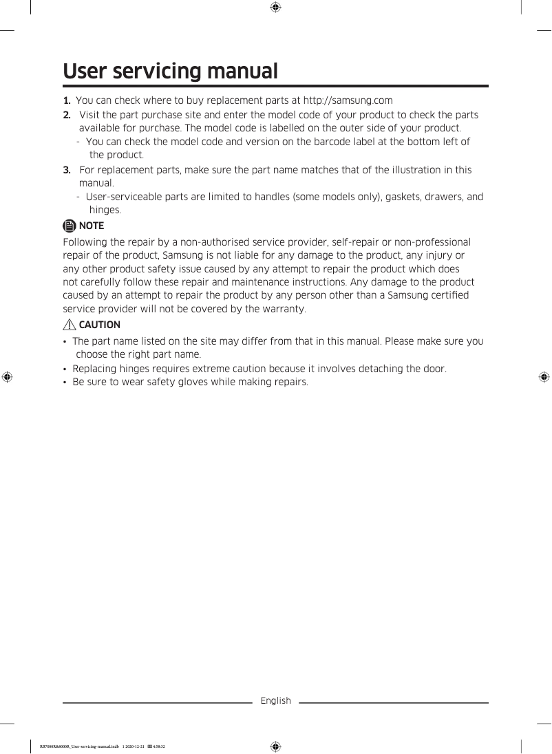 Page 1 de la notice Manuel utilisateur Samsung RB36R8817SR