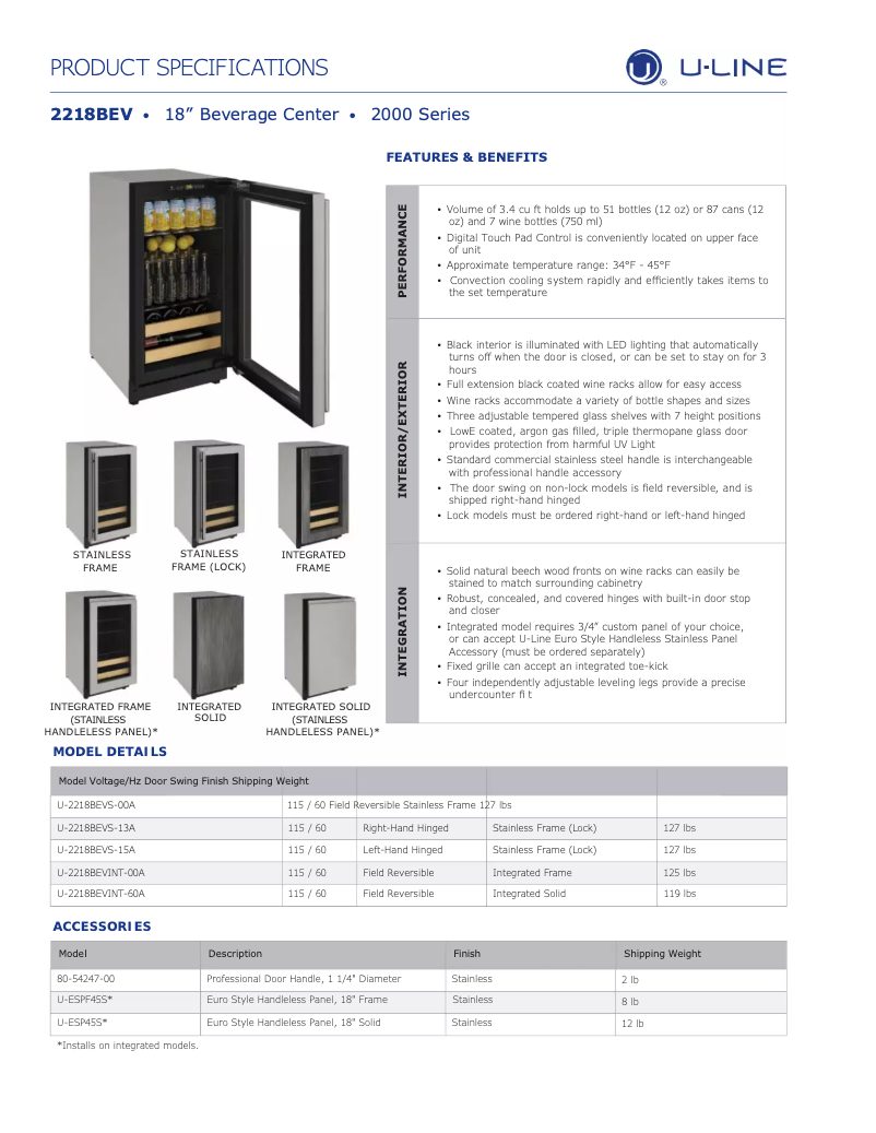 Page n°1 - Fiche technique U-Line U-2218BEVS-13A
