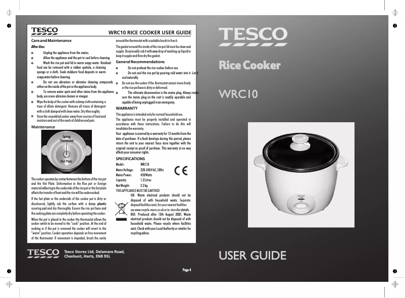 Page 1 de la notice Manuel utilisateur Tesco WRC10