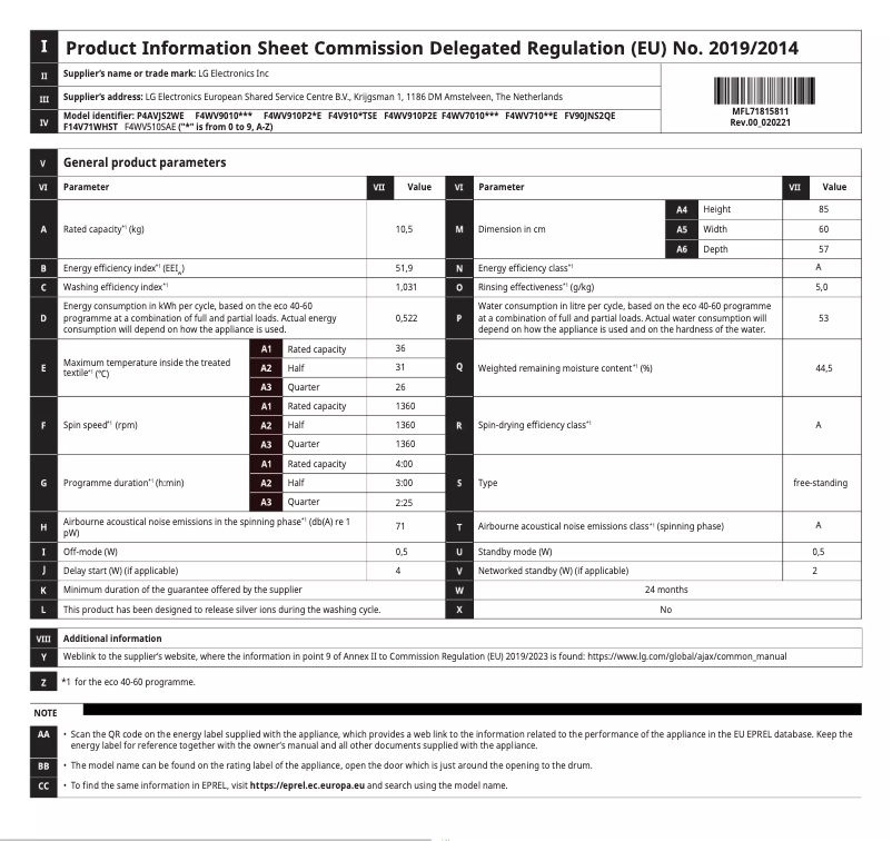 Page n°1 - Manuel utilisateur LG F4WV510SAE
