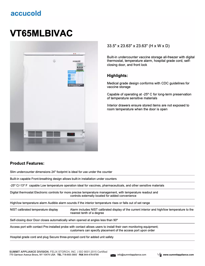 Page n°1 - Fiche technique Summit Accucold VT65MLBIVAC