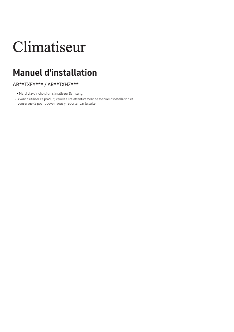 Page 1 de la notice Guide d'installation Samsung AR09TXHZAWKNEU