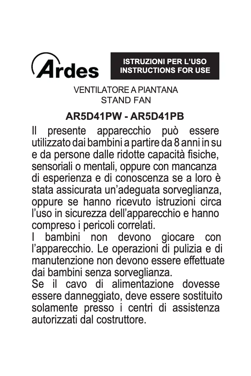 Page 1 de la notice Manuel utilisateur Ardes AR5D41PW