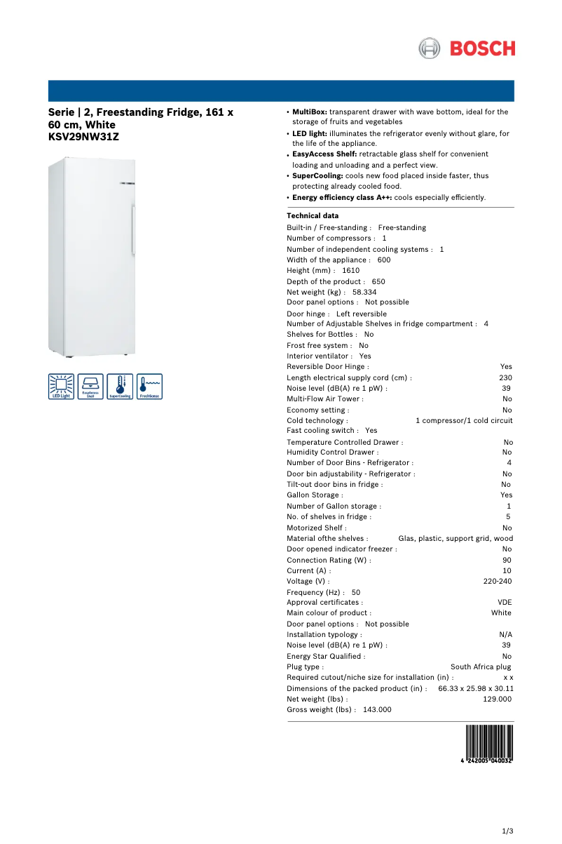 Page 1 de la notice Fiche technique Bosch KSV29NW31Z