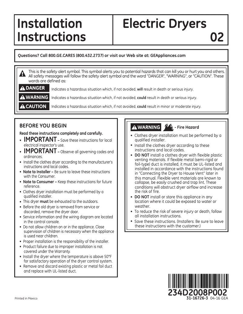 Page n°1 - Guide d'installation GE GFDS140EDWW